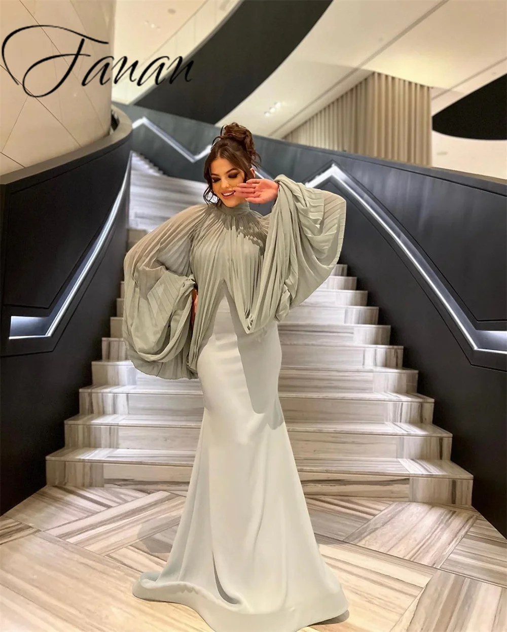 Customized Formal Evening Gown for Women High Collar Full Sleeves Mermaid Floor-Length Sweep Train Prom Party Dresses فساتين منا