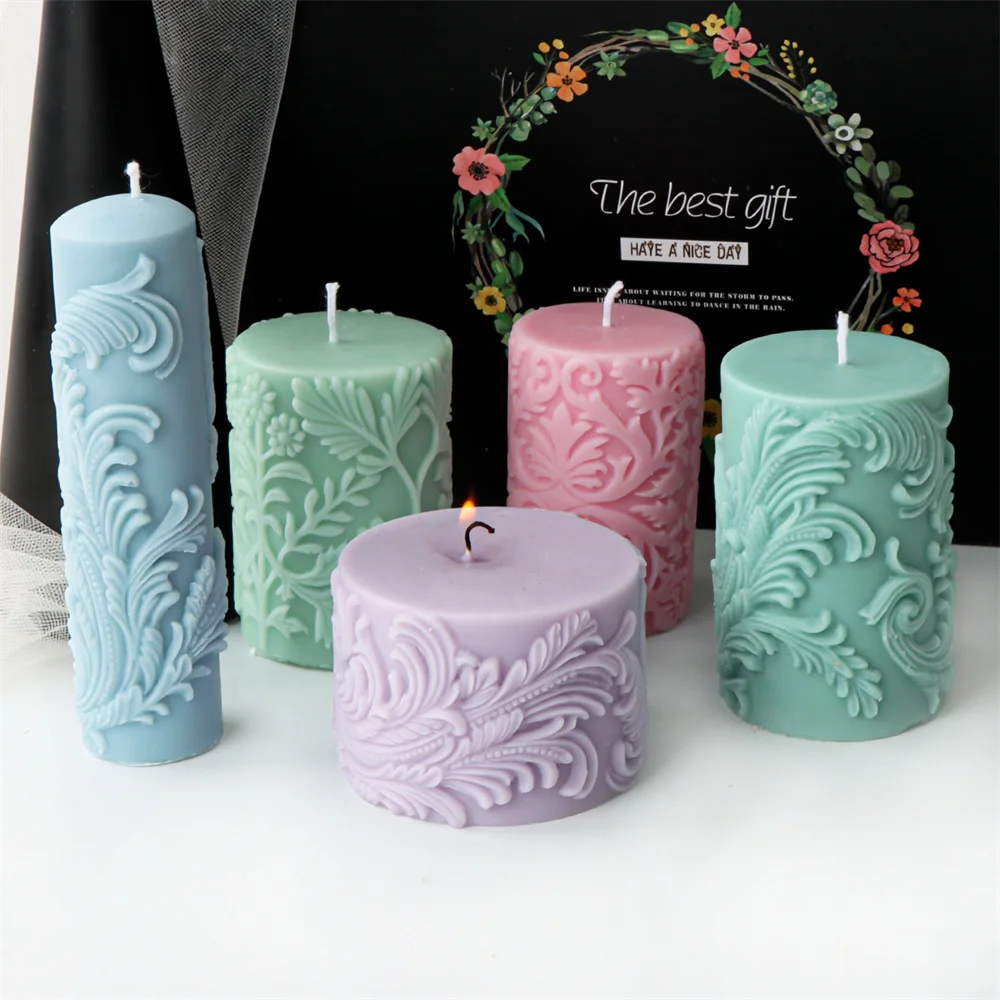 Multi Unique Totem Pattern Column Silicone Candle Mold Embossed Mixed Flower Leave Design Pillar Candle Silicone Mold Home Decor
