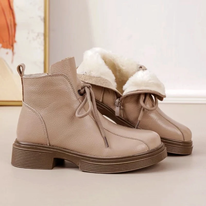 2025 Winter Genuine Leather Shoes Women Snow Boots Warm Plush Cold Winter Soft Brand Ladies Ankle Boots Plus Size 41 D650