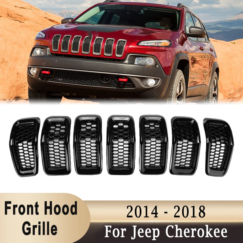 

68303626AA, 68303626AC Решетка переднего бампера, 7 шт., вставка капота, сотовая сетка, черная/хромированная отделка для Jeep Cherokee 2014-2018