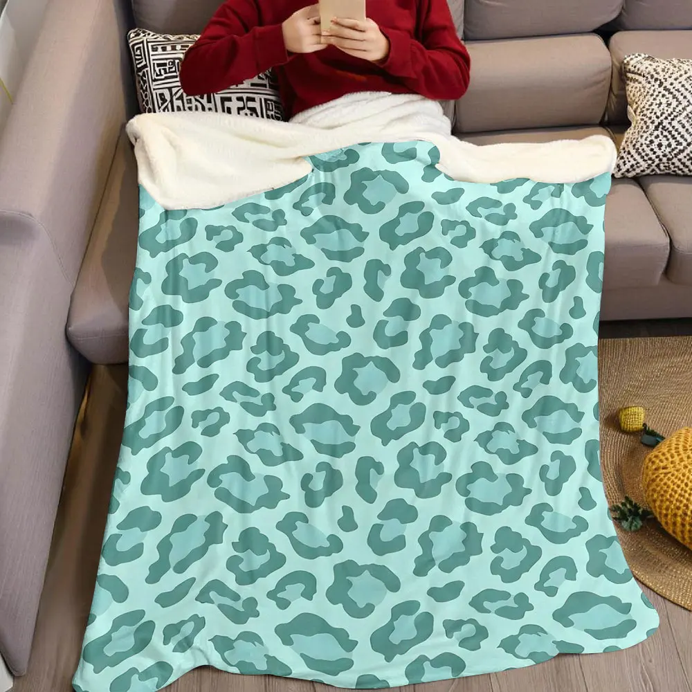 mint leopard print Flannel Blanket Warm Soft Halloween Christmas Decorative Couch Warm Cozy All-Season Gift