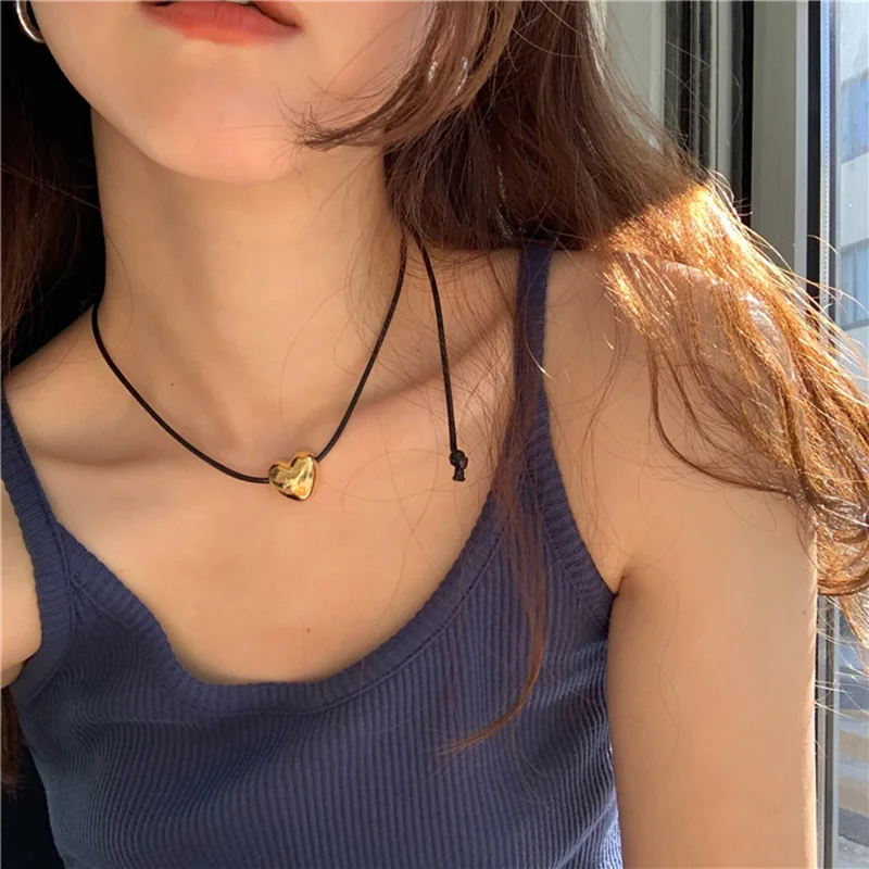 Black rope string heart pendant necklace for women korean fashion necklace for teenage girls y2k jewelry mone