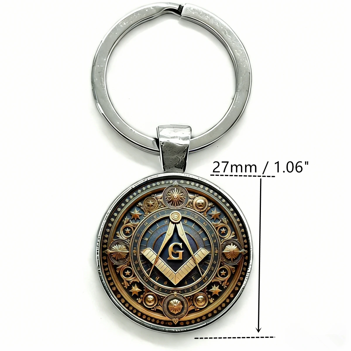 1PC Vintage Masonic Round Keychain, Freemasonry Symbol G Square and Compasses Keyring 2D Glass Dome & Metal Key Ring Charms Gift