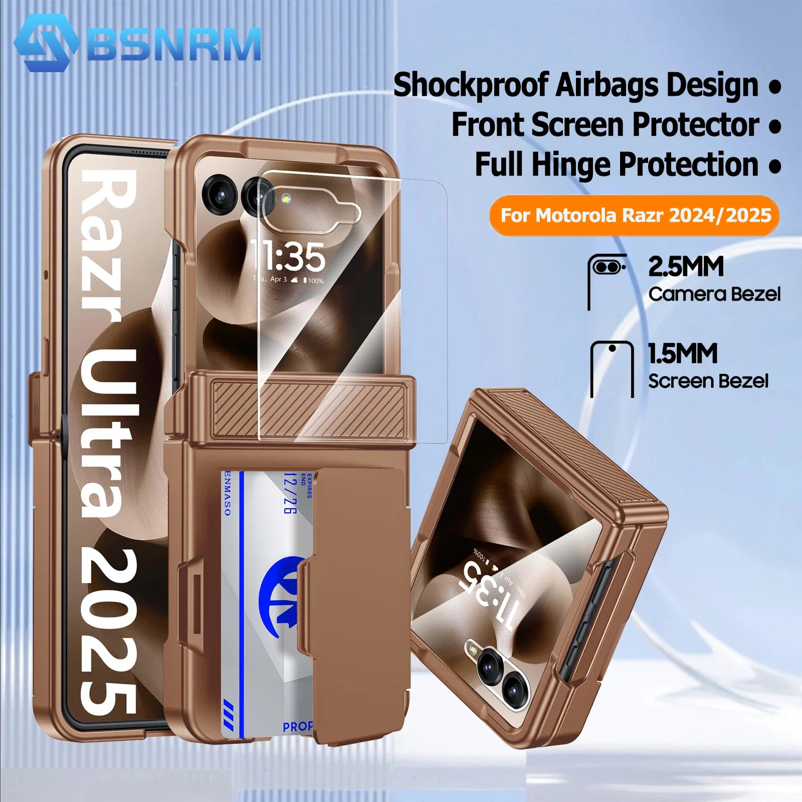 

Чехол-кошелек для Motorola Razr 50 2024/Razr 60 2025, защита шарниров и с зажимом для карт, RFID-защита и защитная пленка для экрана - золото