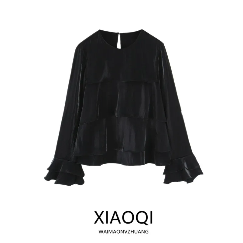 

Winter 2025 Women's Long Sve iny Fabric Layered Decorative irt Loose Fit European Sle round Ne No Special Function