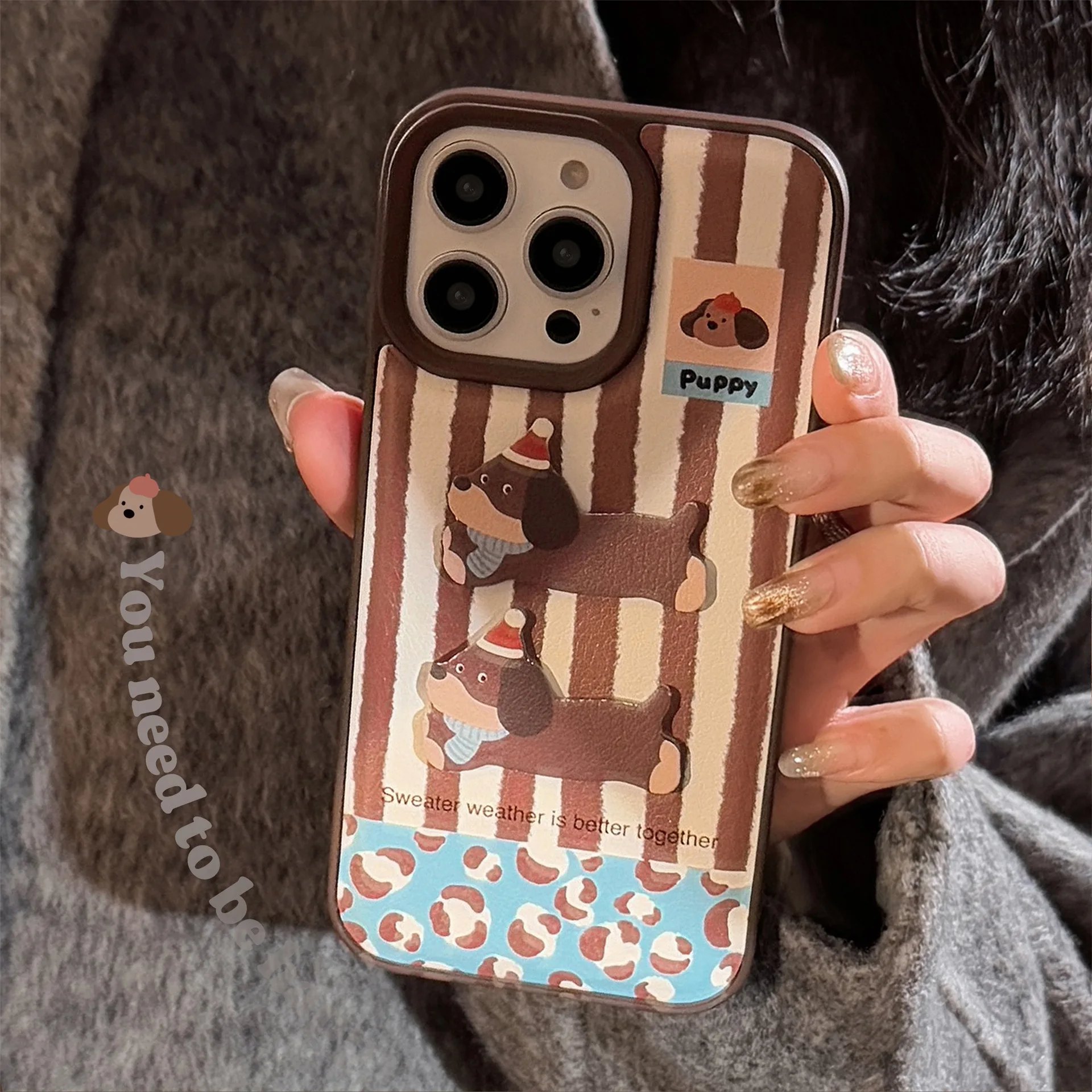 Koreanische Spleißen Gestreiften 3D Cartoon Dackel Welpen Aufkleber Leder Textur Telefon Fall Für iPhone 16 15 13 12 11 Pro max Abdeckung