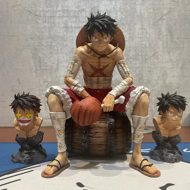 

One Piece BT Sitting barrel Eat meat Luffy PVC Anime Action Figures Statue Changeable Heads Model Dolls Cartoon Decor Toys Kids