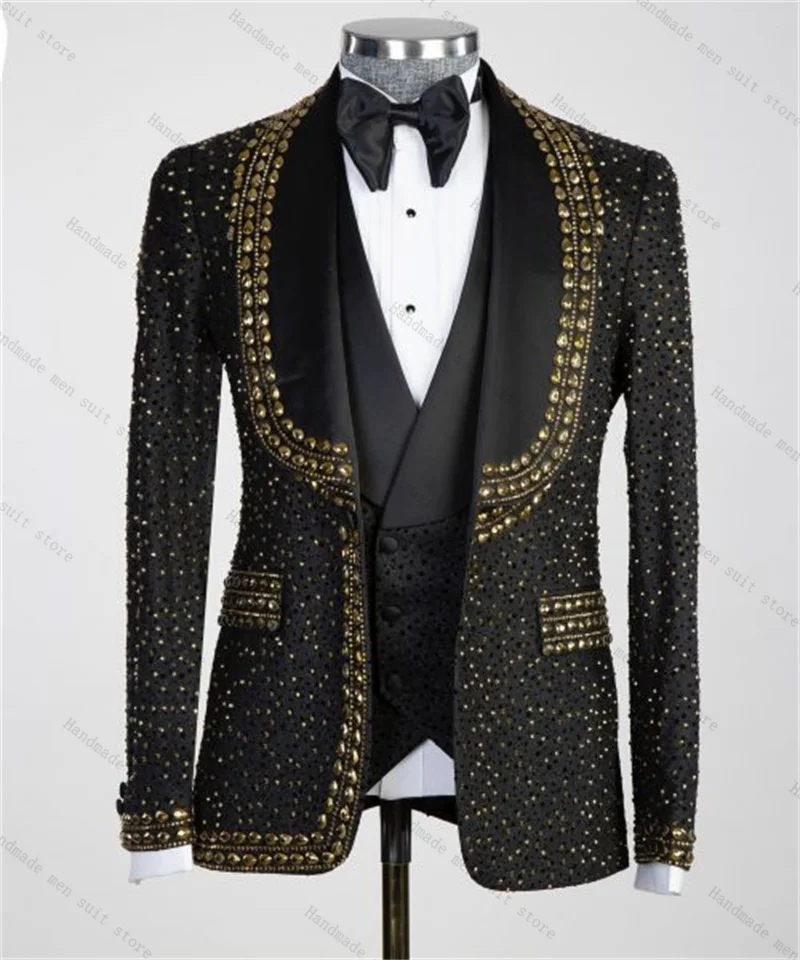 Black Men Suits 2 Piece Blazer+Pants Luxury Crystals Stone Wedding Tuxedo Coat Customized Formal Office Prom Jacket Trousers