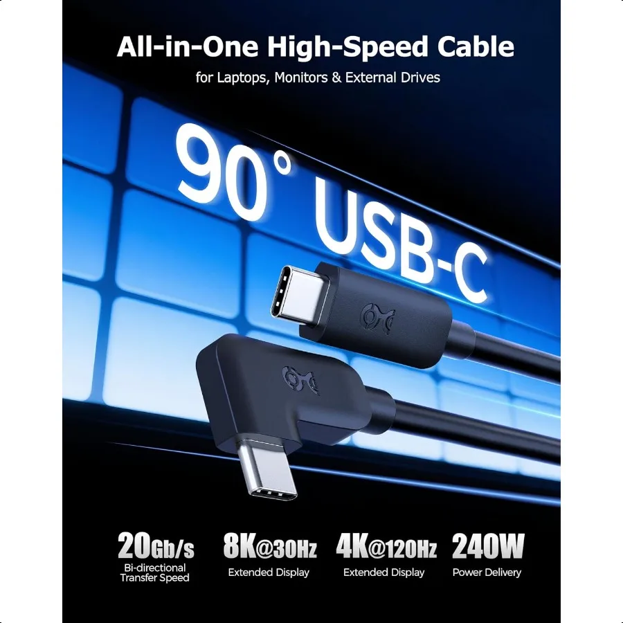 كابل USB C بزاوية قائمة 20 جيجابت في الثانية منافذ 6 أقدام حتى [8 كيلو @ 30 هرتز 4 كيلو @ 120 هرتز فيديو 240 وات شحن نقل بيانات 20 جيجابت في الثانية] كابل USB C بزاوية 90 درجة