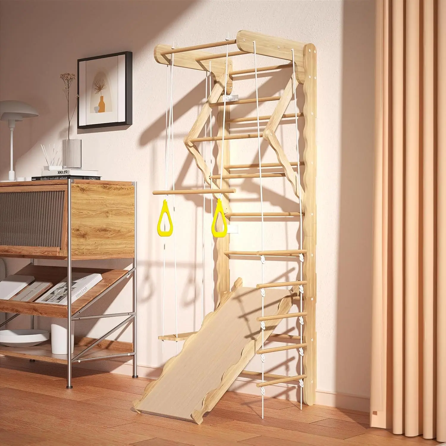 5-in-1 Wooden Indoor Jungle Gym for Kids, Wall-Mounted Swedish Ladder with Pull-Up Bar, Rings, Swing, and Slide – Montessori-Ins