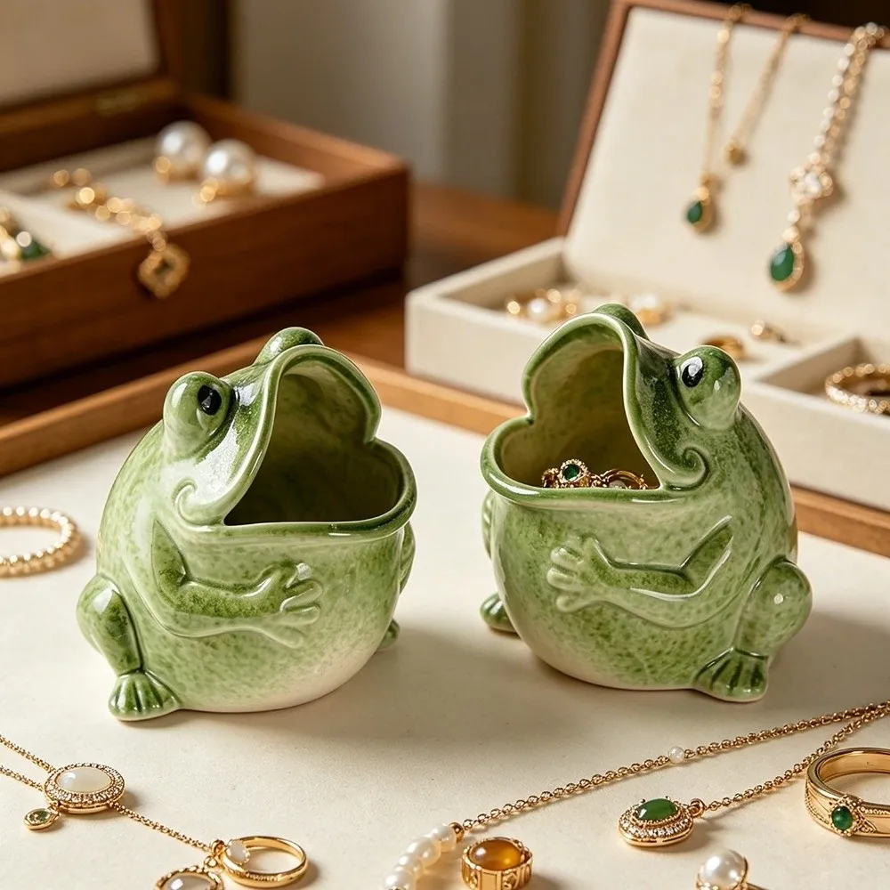 Ceramic Frog Jewelry Holder Open Mouth Frog Shape Money Saving Jar Freestanding Glazed Finish Frog Trinket Bowl Dresser Decor