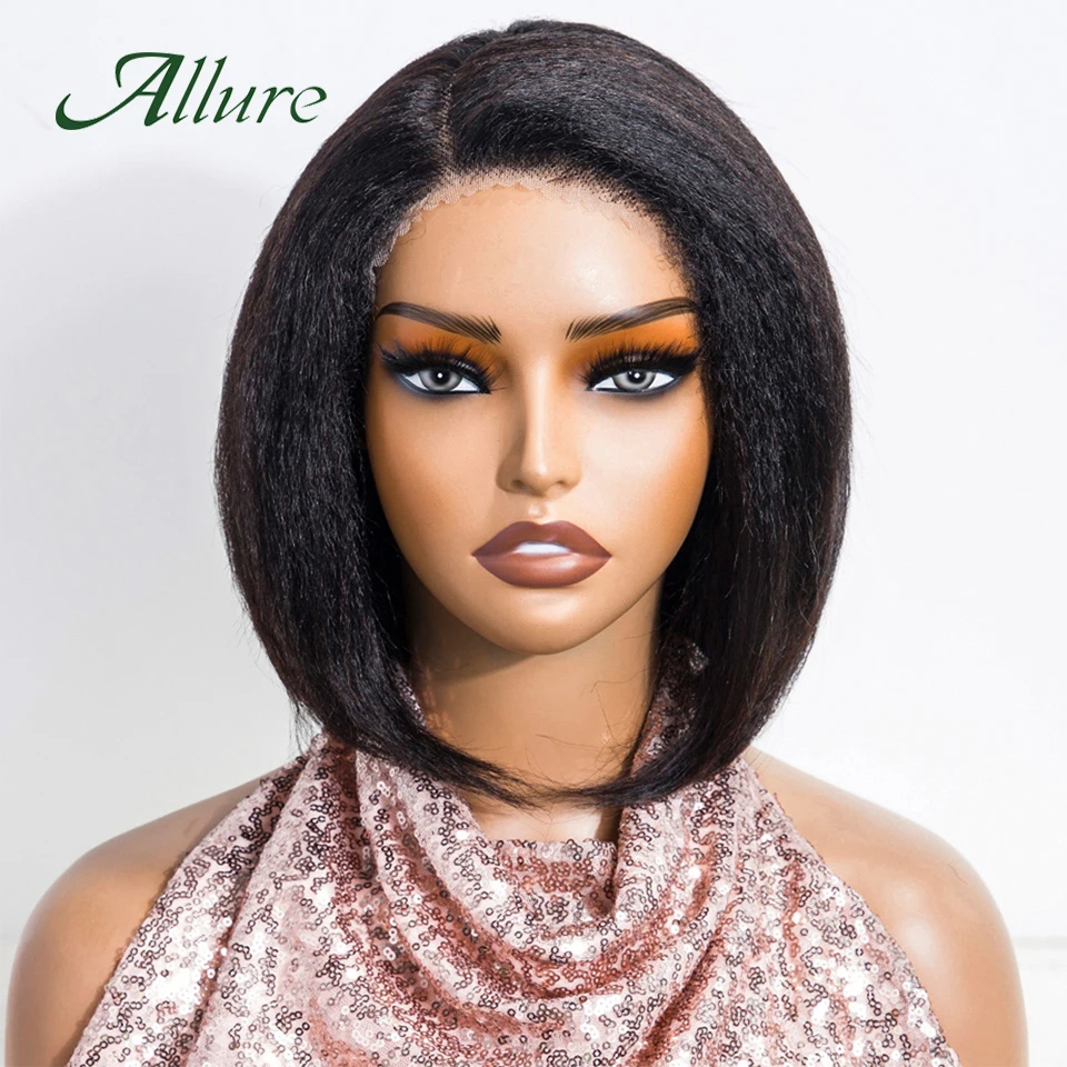 Yaki Straight Hair Bob Wig Brazilian Human Hair Bob Wigs For Black Women Natural Black Colored Hair Lace Wigs Preplucked Allure