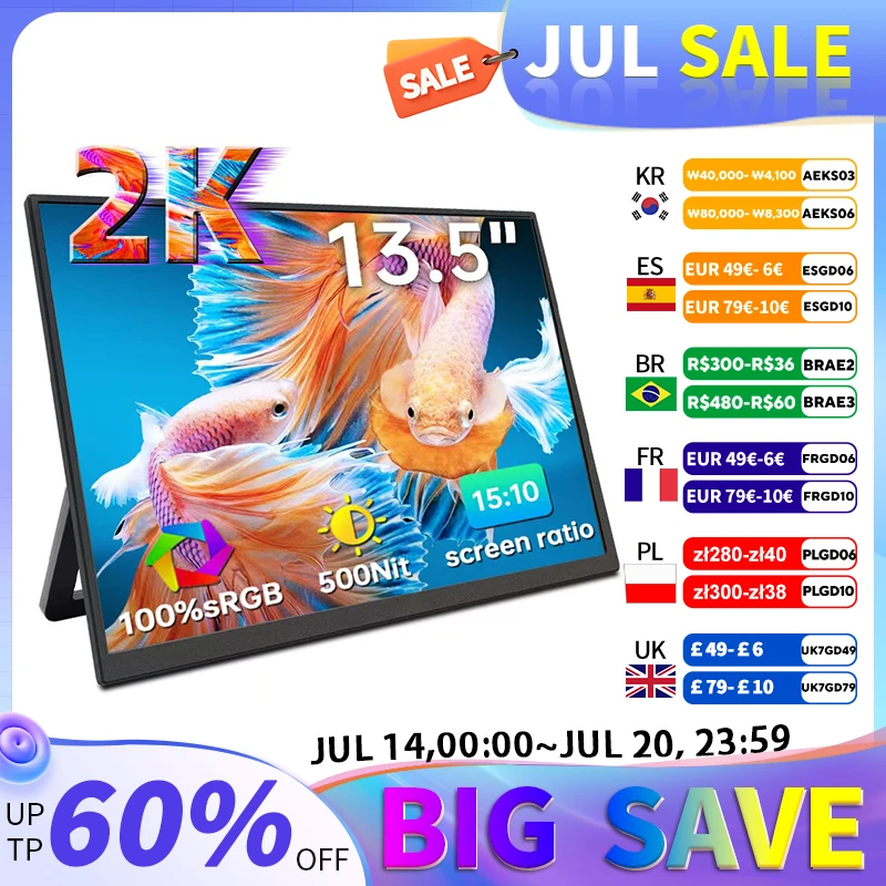 

13.5" 2.2K Portable Monitor 1504P 500cd/m2 100%SRGB For Laptop Second Screen HDMI-Compatible Games Expand Display For Switch ps5