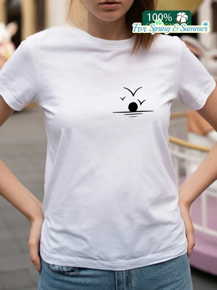 

Женская футболка из чистого хлопка с короткими рукавами и индивидуальным рисунком восхода солнца, мягкий и дышащий повседневный топ с круглым вырезом