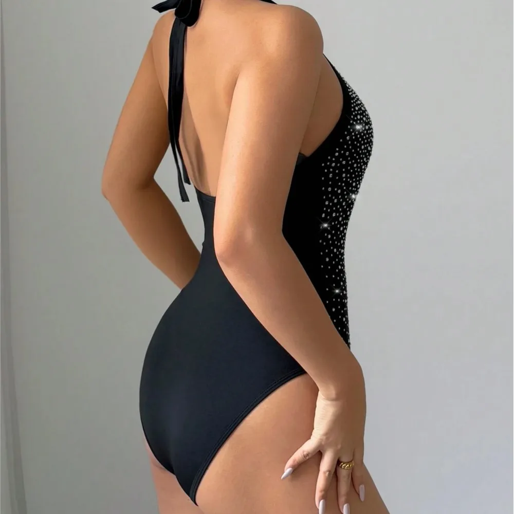 New Heavy Metal Rhinestone Neck-hanging Backless Slimming One-piece Dress For Women
