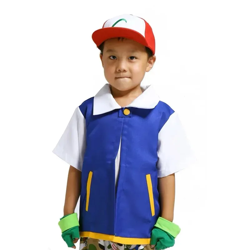 Halloween Cosplay Anime Ash Ketchum Clothes Men Blue Jacket Costume Boys Girls Cosplay for Party Trainer Cap Gloves Set