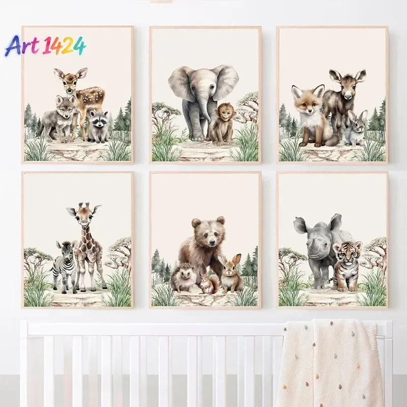 1pcs(No frame)Elephant Giraffe Bear Fox Deer Nursery Wall Art Canvas Painting Jungle Animals Posters And Prints Pictures Baby