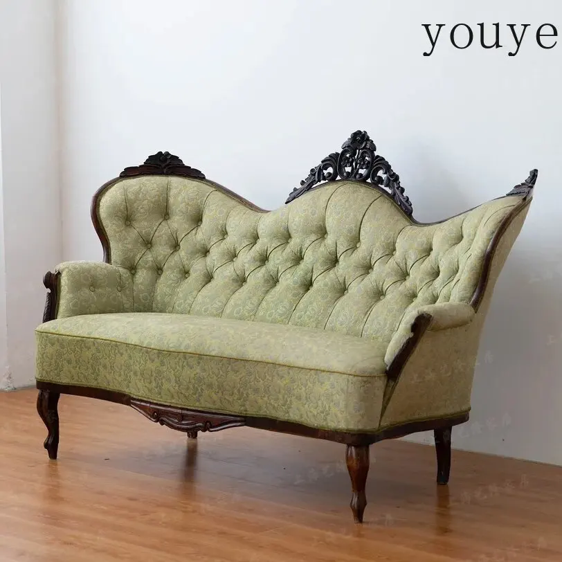 American solid wood sofa retro old carved fabric casual light luxury studio living room furniture European style