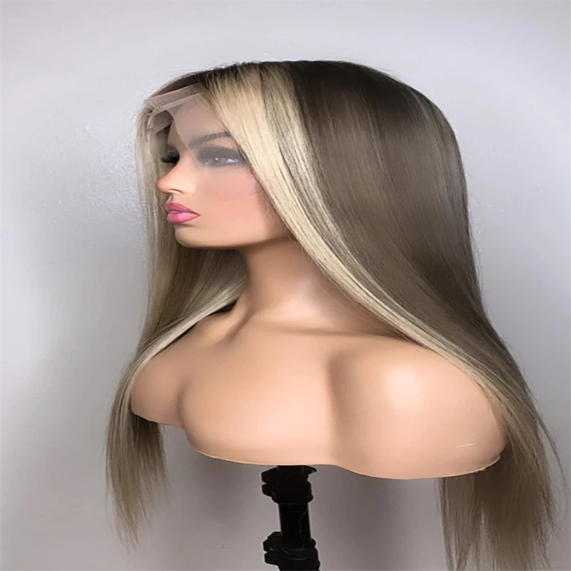 Ombre Ash Brown Wig Human Hair 180 Density Ash Blonde Natural Hairline Preplucked Brazilian Remy Wigs 13x4 Lace Frontal Wigs