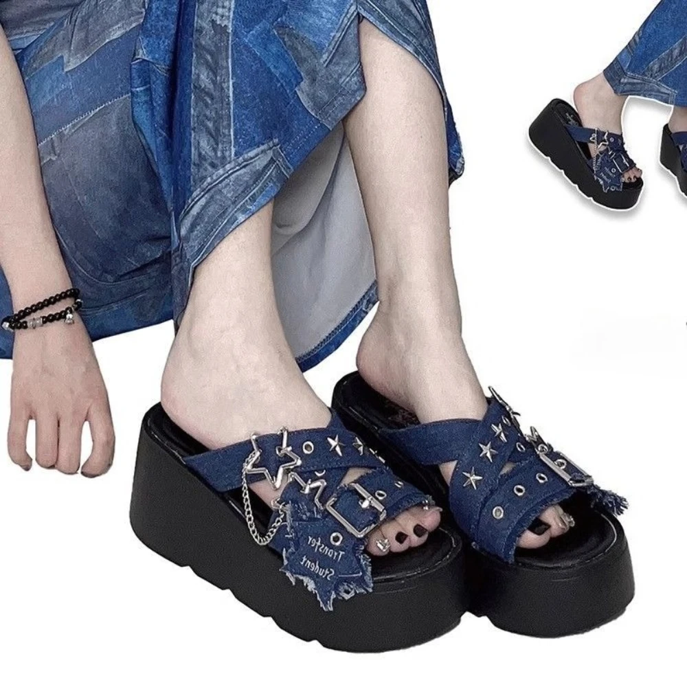 

Original Subculture Platform Slippers Spice Girls Style Sandals Summer Leak Fingers Sandals Fashion Black Travel Women's Shoes