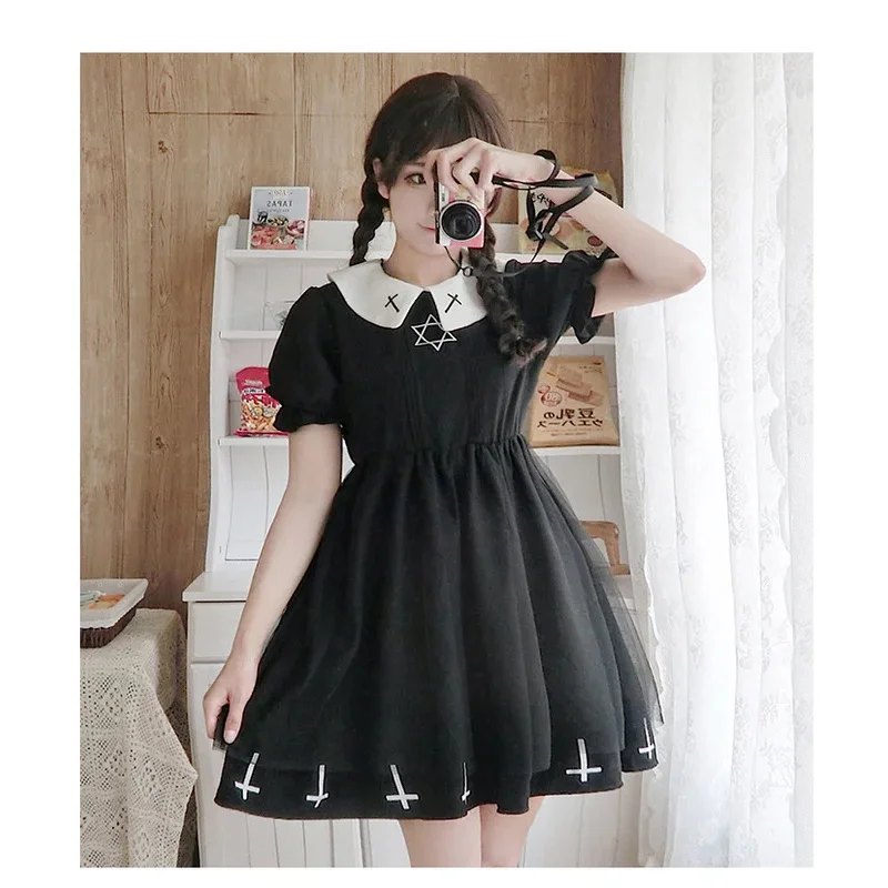 

az15 Gothic Lolita Dress Dark Fashion Cosplay Cross Dress for Women Japanese Costume Cute Style Tulle Dress