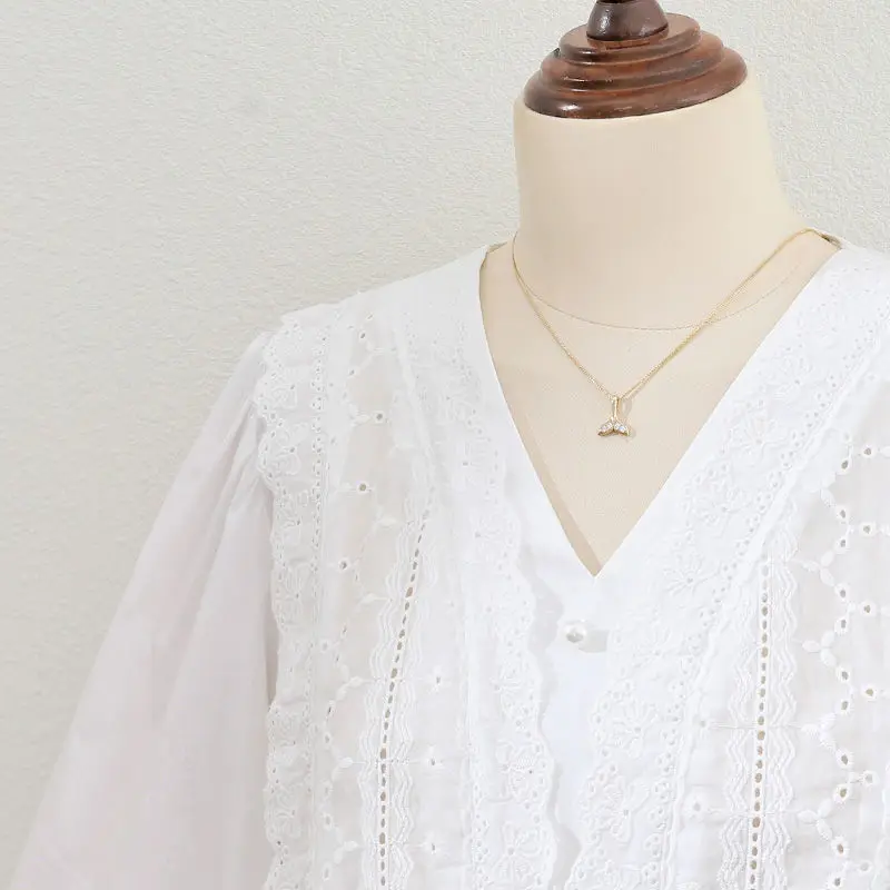 French V-neck Middle Sleeve White Shirt Women Cotton Linen Lace Hollow Out Temperament Blouse Puff Sleeve Pearl Button Unique