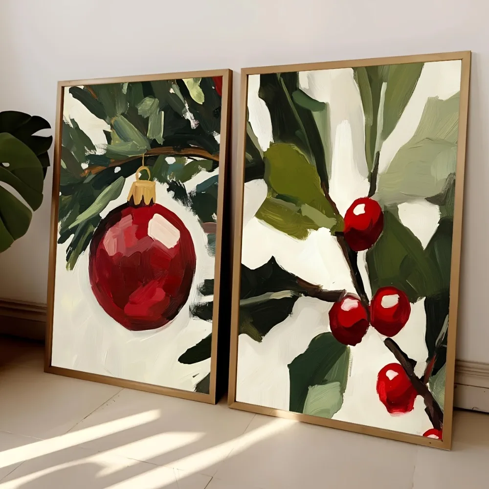 Frameless Holiday Christmas Tree and Red Berry Printed Canvas,Warm Holiday Decor for Home and Office,Living Room Decoration