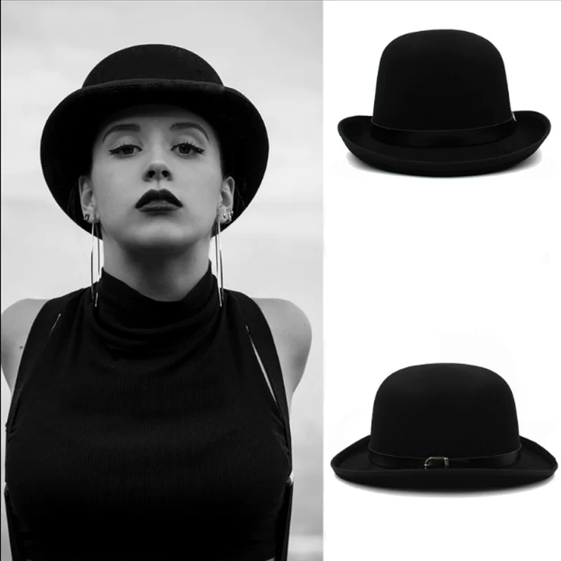 bowler hats Top hats for men solid black fedora Autumn and winter men's and women's dome British classic vintage felt top hats