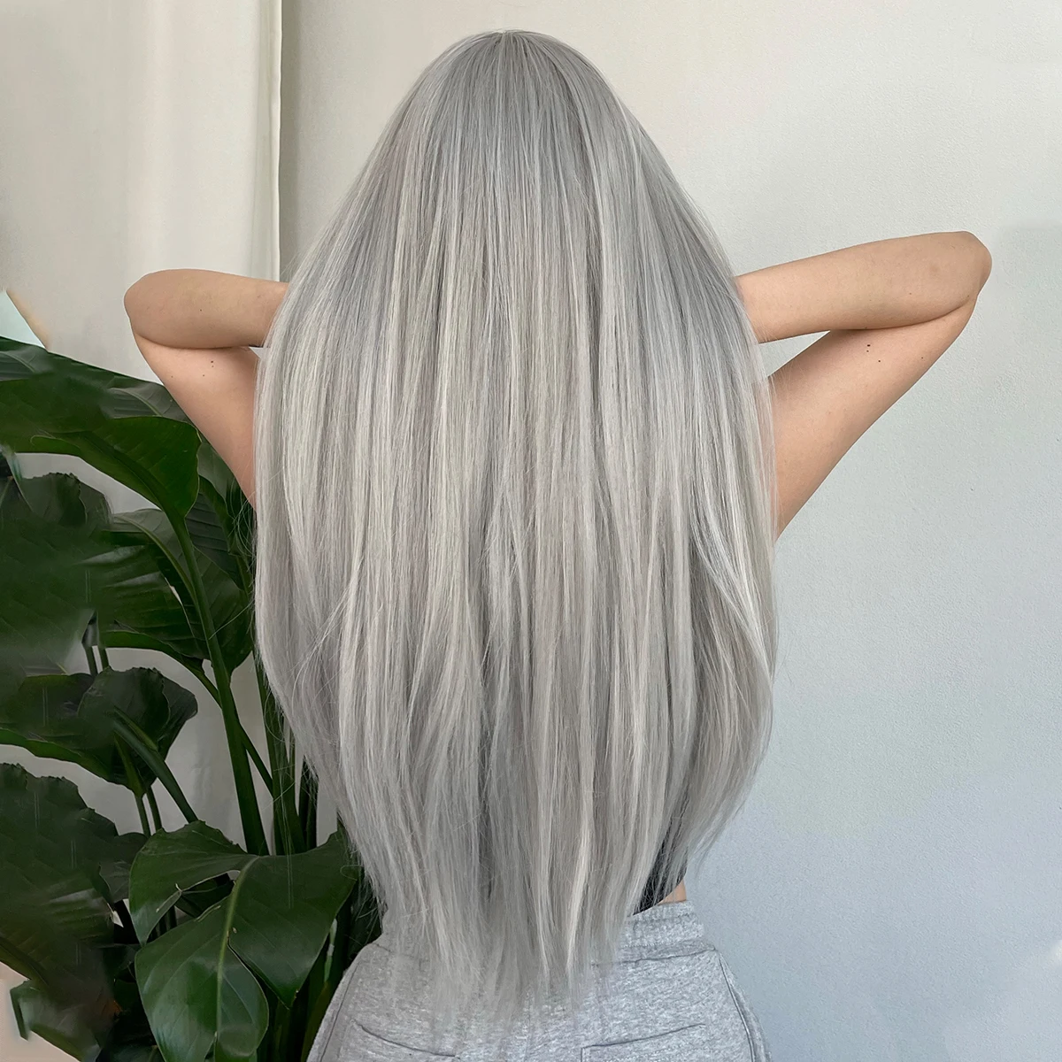 Silver Ash Gray Long Straight Synthetic Wigs Lolita Cosplay Natural Hair with Bangs for White Women Party Daily Heat Resistant