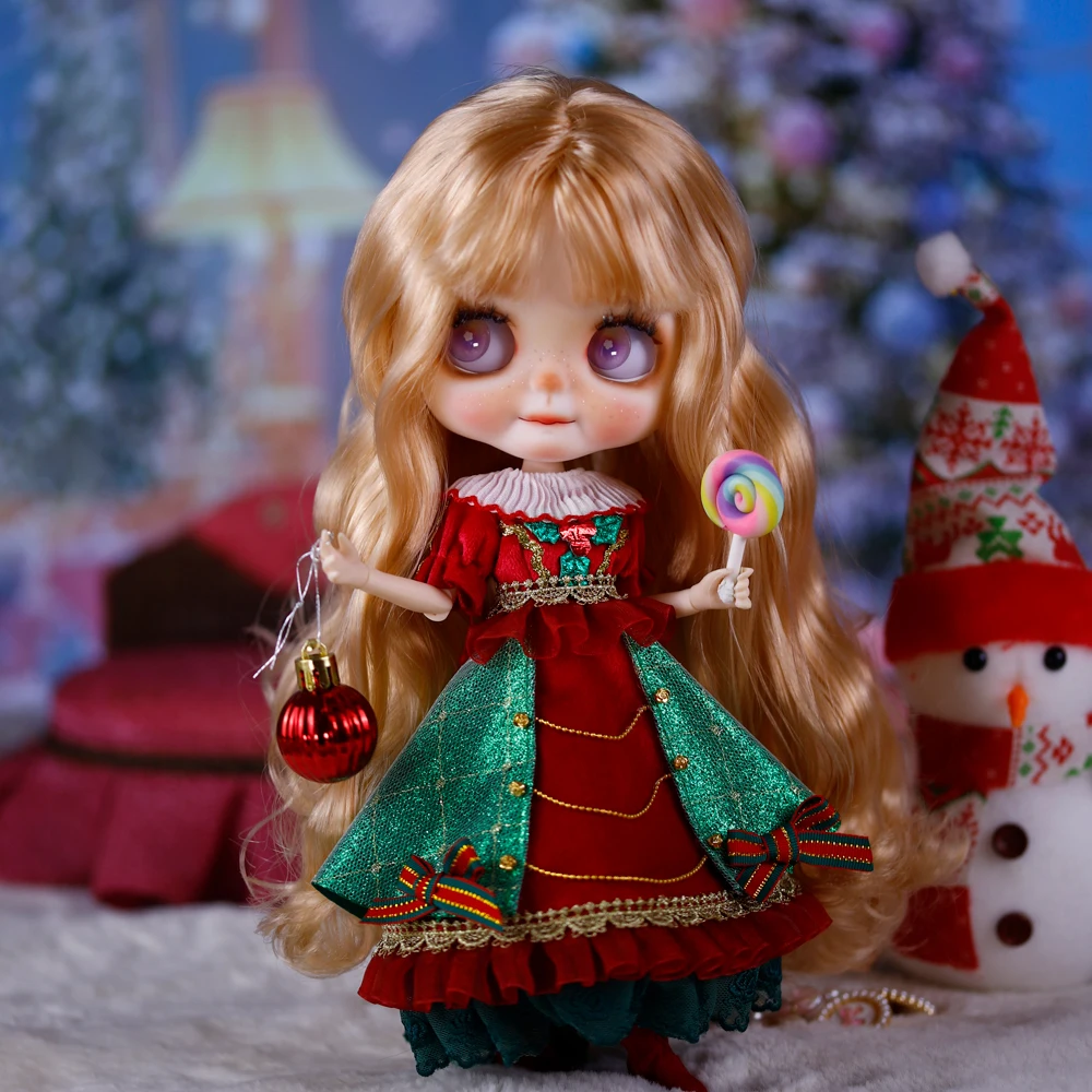 

ICY DBS Blyth Doll 1/6 Curly Christmas Collection Customized Handmade Makeup for Eyebrows, Lips, and Face, Christmas Gifts