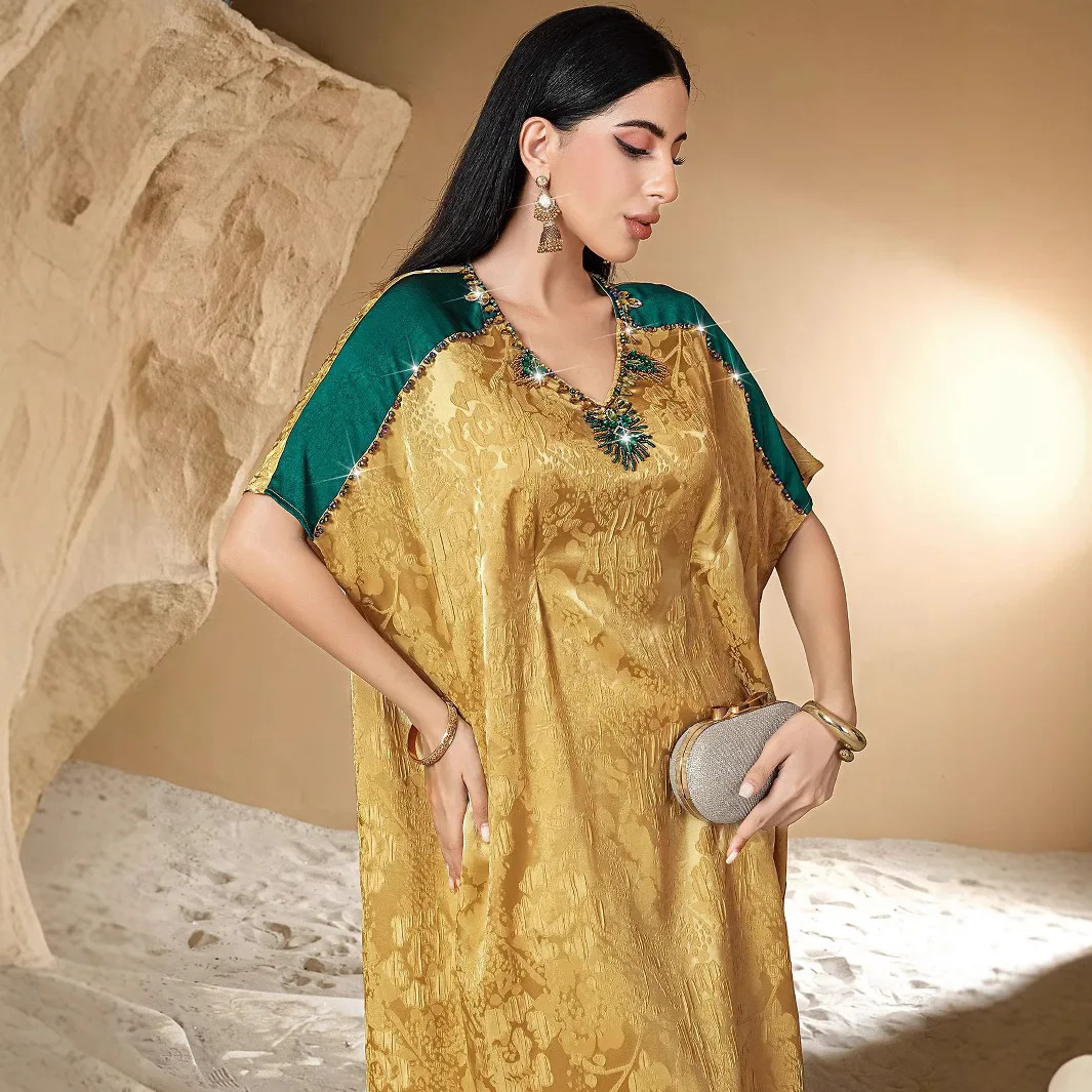

Ba5158 New Color-block Satin Embossed Abaya Dress 2025 Muslim Long Dress Robe Abaya Ramadan Dubai Luxury Islam Elegant