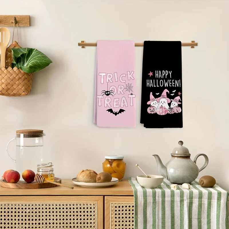 2-piece set, pink and black, Halloween fall kitchen towel, cute tea towel.