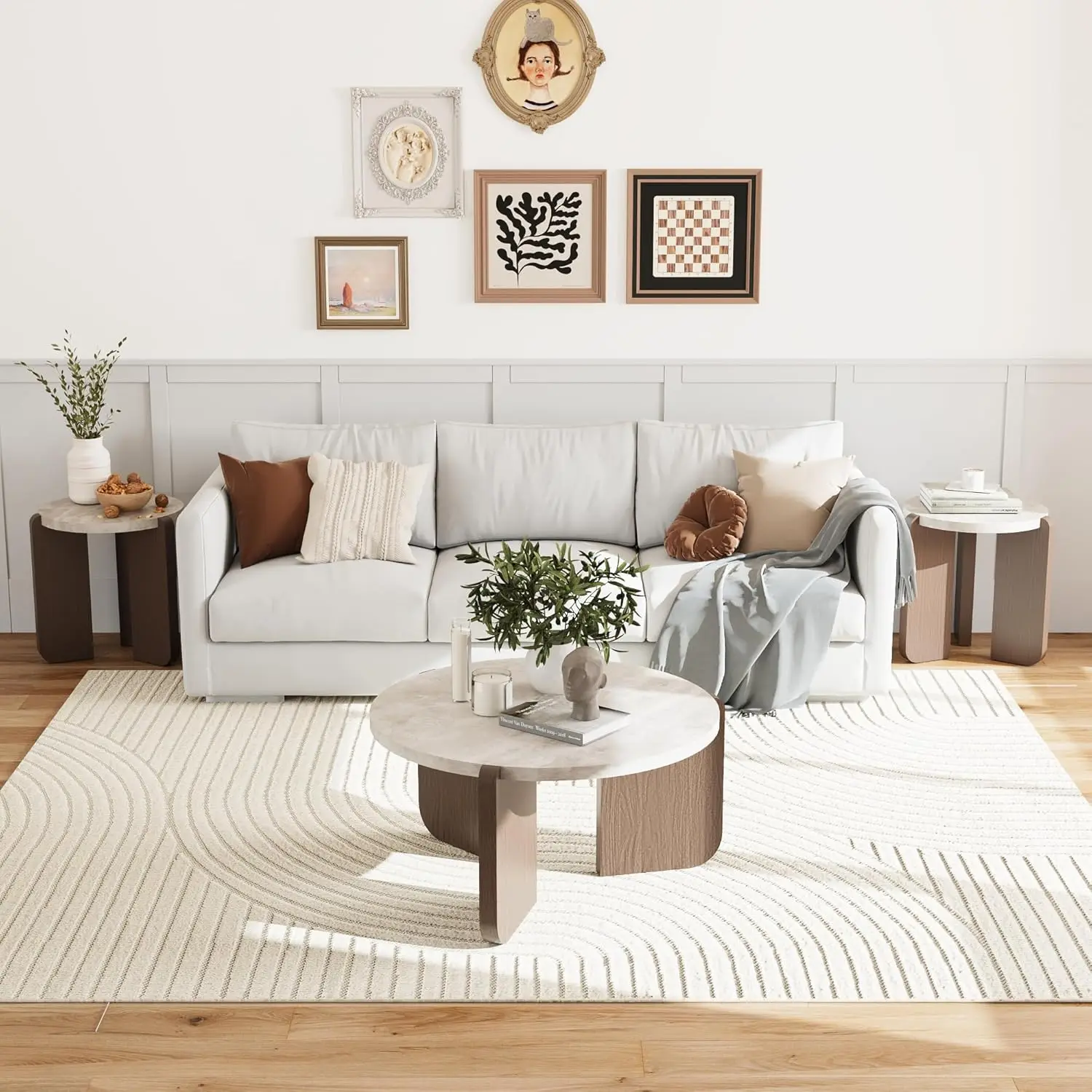 

Round Coffee & Side Table Set,Faux Marble Wood Top,Walnut Cream Legs,Minimalist Living Room Center Accent,3 PCS,Customized