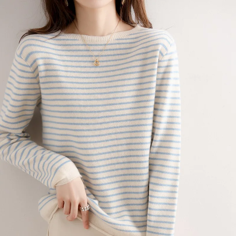 Women Sweater Casual Autumn Winter O-neck Stripe Pullovers Long Sleeve Fashion Korean Bottoming Shirt Basic Warm Knitwear Jumper