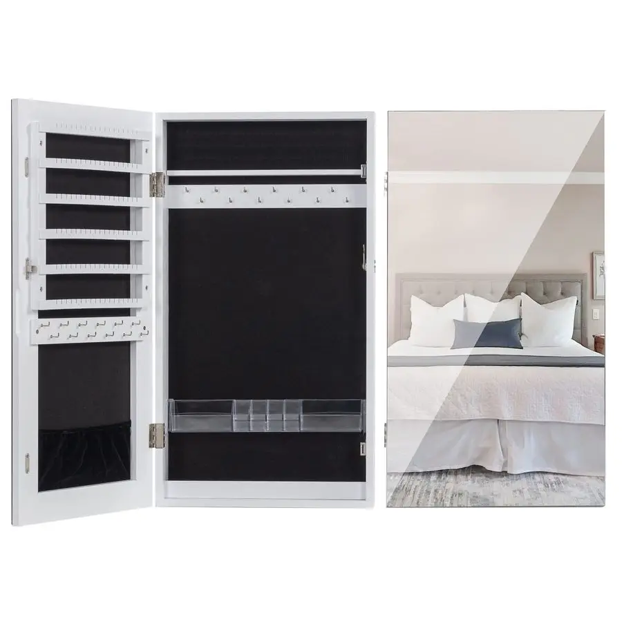 

Lockable Jewelry Cabinet Armoire with Frameless Mirror, Wall Door Mounted Space Saving Jewelry Display Organizer with Lipstick
