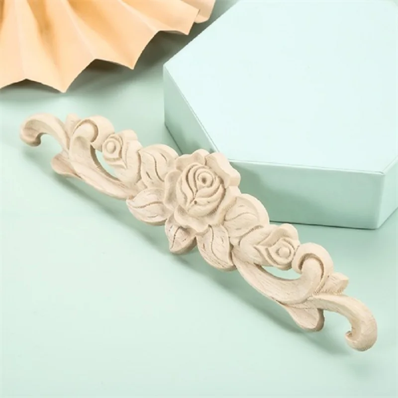 Moulures appliquées sculptées en bois, 1 pièce, longues incrustations non peintes, porte de fleur de Rose, Sculptures de décoration pour la maison, Style ferme britannique