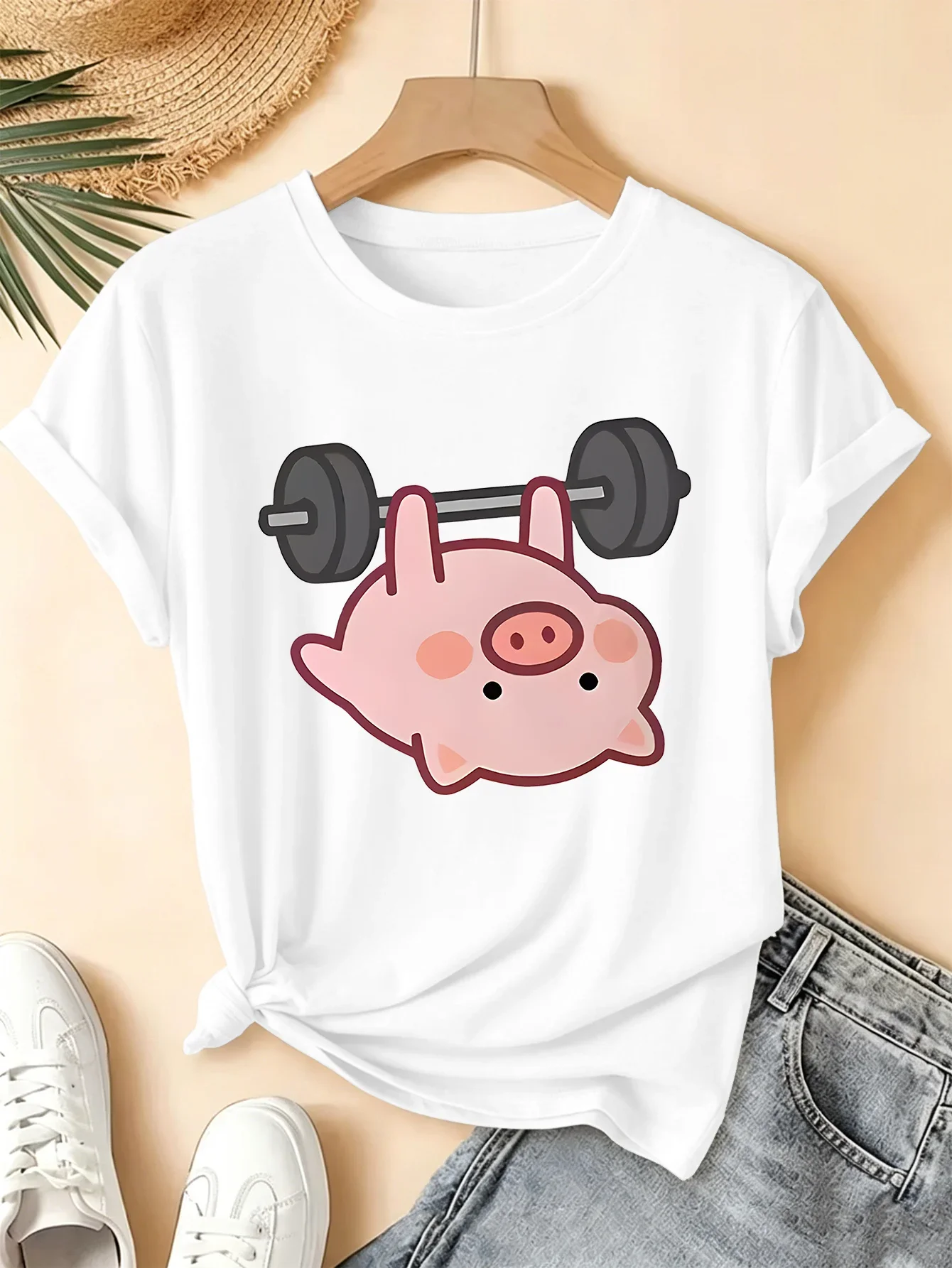 Cute Cartoon Pig Lifting Barbell Fitness Workout Art Print Graphic Womens T Shirt Short Sleeve Crew Neck Casual Ladies Tee Tops