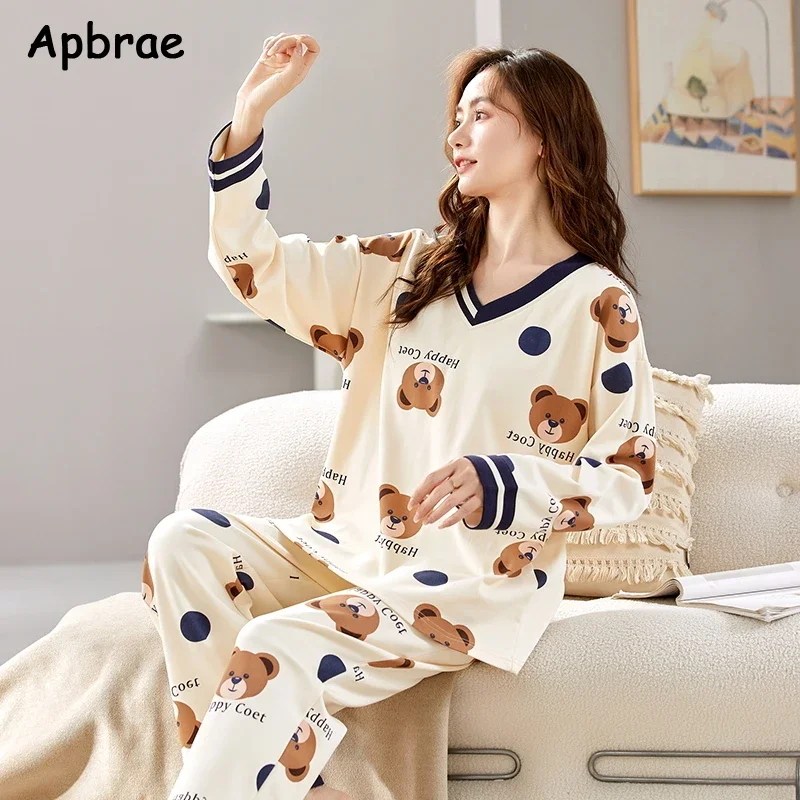 Cute Bear Print Pajamas for Women Autumn Winter Long Sleeve Cotton Sleepwear Soft Pijamas Leisure Cartoon Girls Homesuits Pjs