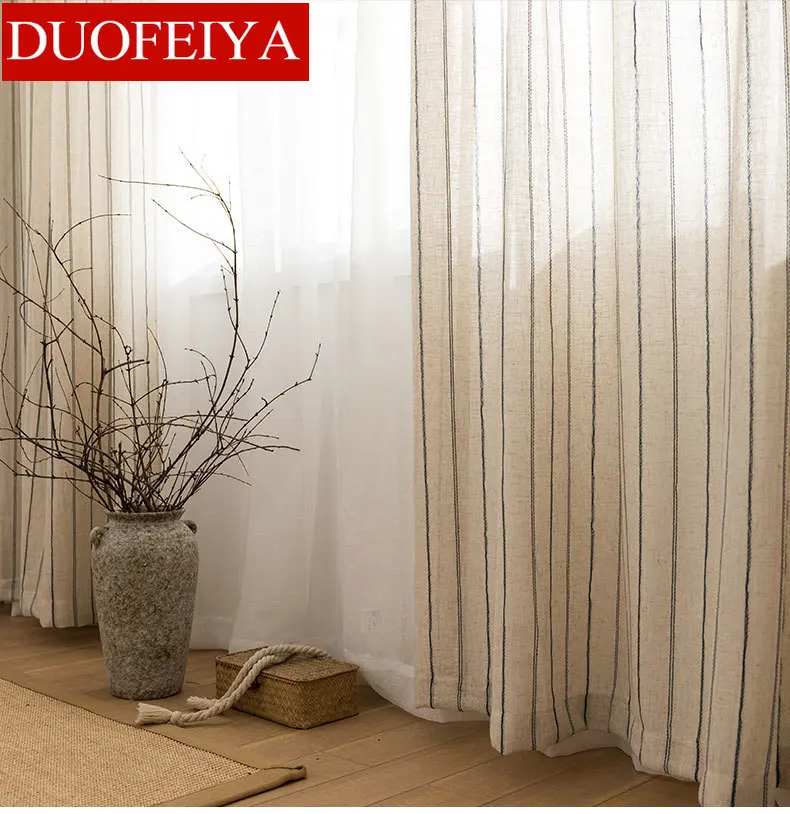 

Curtain for Living Room Kitchen Bedroom B&B Japanese Style Vertical Stripes Linen Cotton Stripe Kids