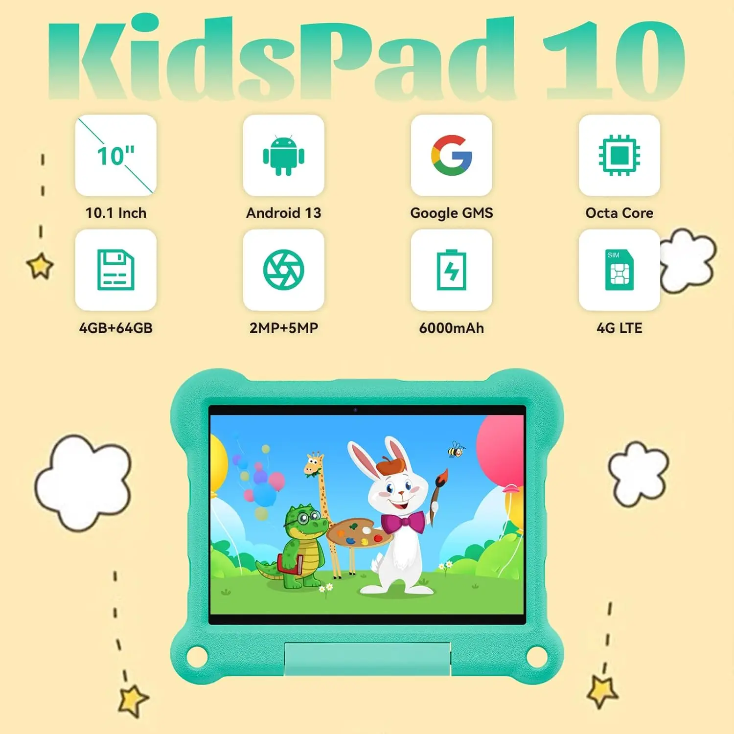 2024 10 Inch 3 To 12 Year Children Portable Drop Proof 4GB RAM 64GB ROM Android 13.0 Learning Android Educational Kids Tablet