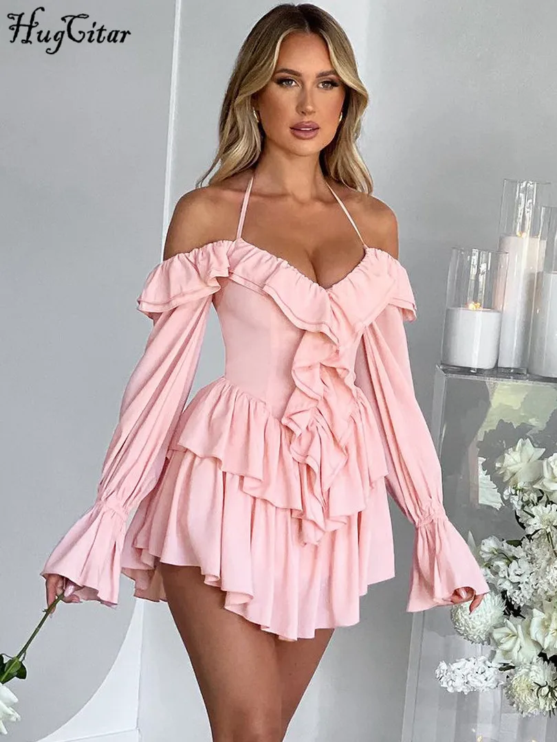 Hugcitar printemps élégant volants solide manches longues évasées Sexy plissé Mini robe femmes décontracté Y2K vêtements fête d'anniversaire vacances