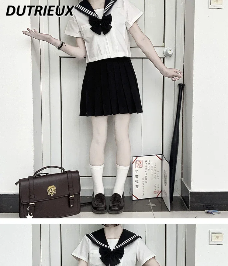 2024 Summer New Japanese JK Pleated Skirt Suit Women White Uniform Sailor Short Sleeve Shirt Top Short Skirt 2-Piece Set Student