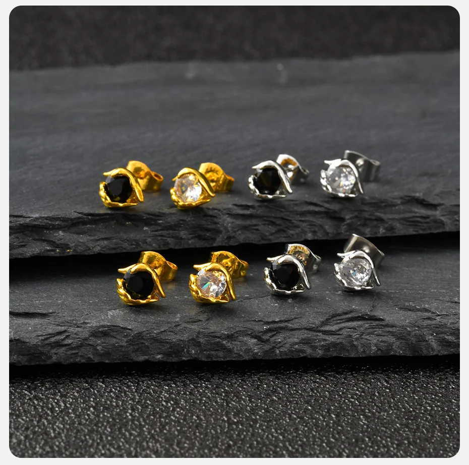 Vnox Kupfer-Ohrstecker mit schwarzem und weißem Zirkon für Männer und Frauen, gold- und silberfarbener Ohrstecker, 7 x 8,6 mm, minimalistischer Schmuck, Geschenke – Detail 8