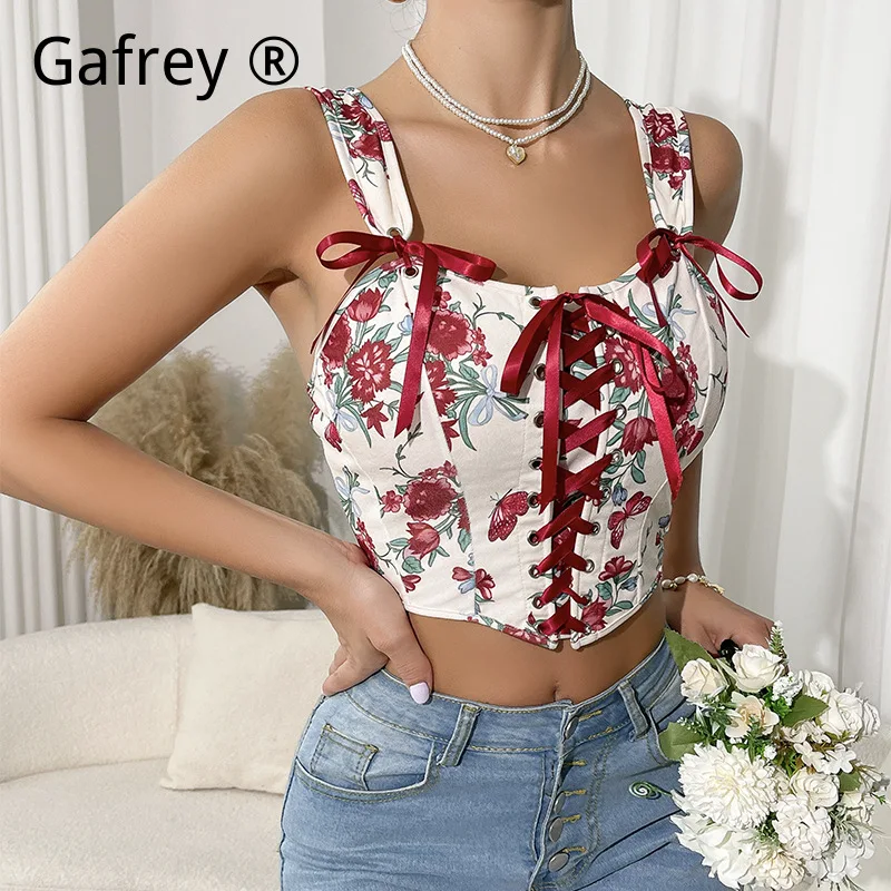 2026 New French Vintage Floral Print Bustier Cami Top Sexy Cropped Lace Up Tie Front Push Up Slim Fit