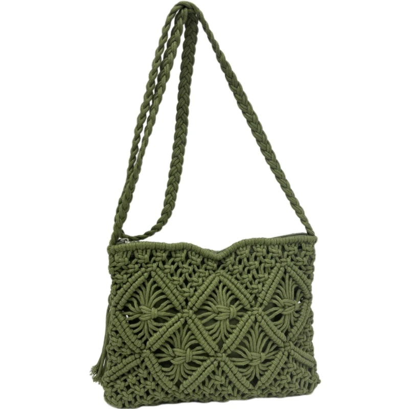Beige Khaki Black Green Boho Macrame Crochet Cotton Rope Tassel Shoulder Crossbody Bag Hollow Woven Straw Beach Purse For Girls