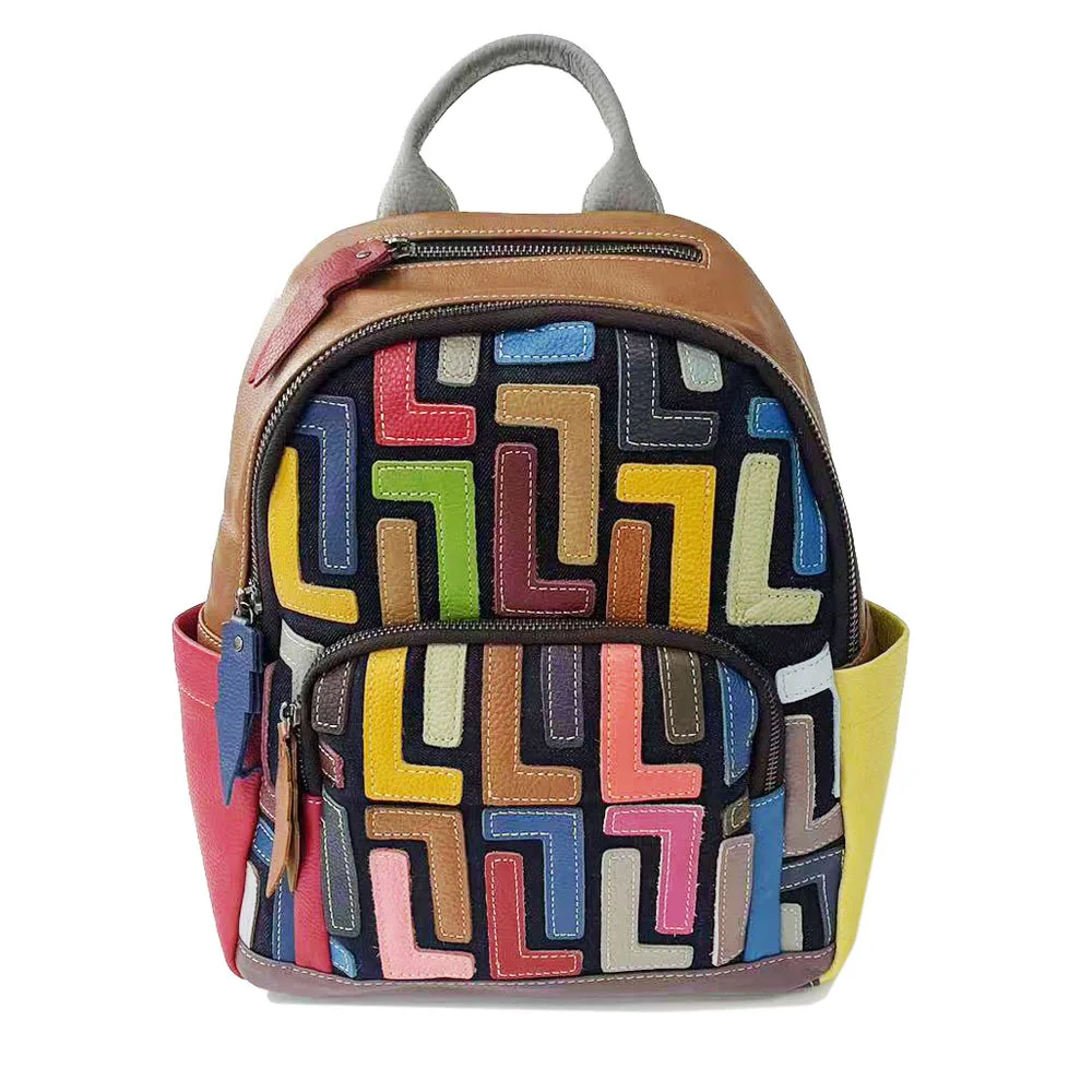 

2025 New Genuine Leather Backpack Woman Patchwork Real Cow Leather Backpacks Fashion Girls Double Shouder Bag