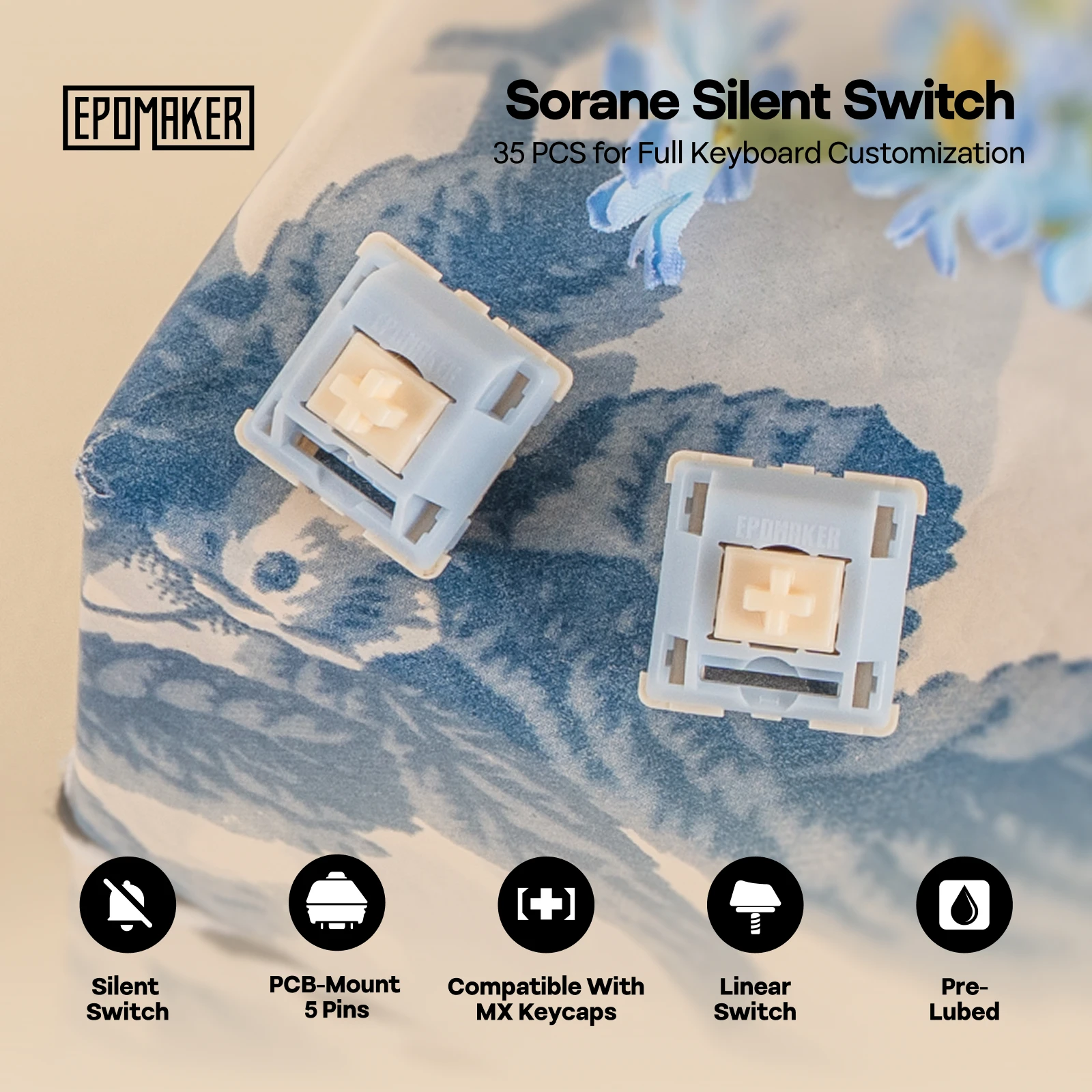 35 Pieces EPOMAKER Sorane Linear Silent Switch Set 39gf 5-Pin Pre-Lubed POM Stem Switches Compatible with MX Keycaps for Mechanical Keyboard