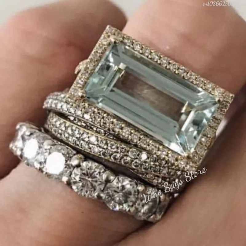 Conjunto de tres piezas de anillos de circón cuadrados azules para mujer, idea de fiesta, regalos, joyería personalizada, nueva moda 2025