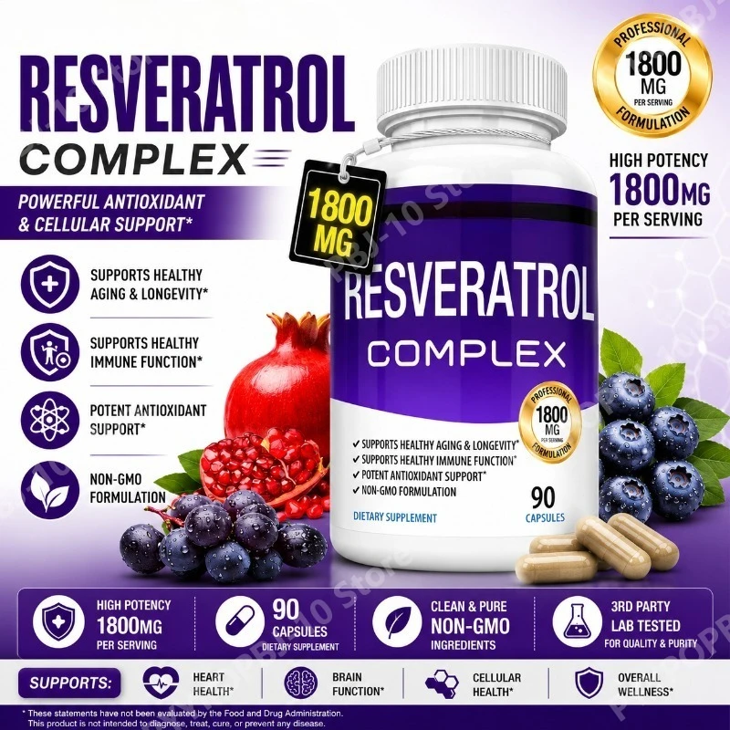 Resveratrol Complex 1800mg Supplement 90 Vegetarian Capsules Trans-Resveratrol Polyphenol Antioxidant Support Non-GMO