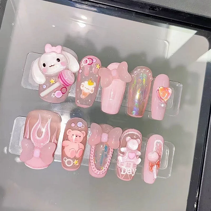 

Handmade Cute Kuromi My Melody Hello Kitty False Nail Tips Cartoon Press On Nails Y2K Reusable Coffin Fake Nails Anime Toy Gift